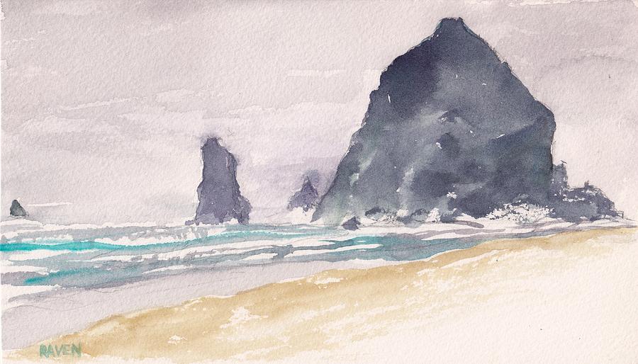 Haystack Rock Painting by Raven