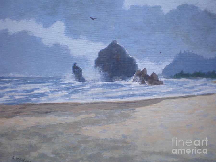 Haystack Rock Drama Painting by Suzanne McKay