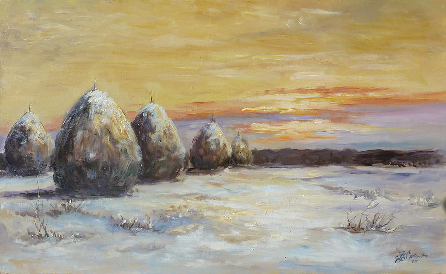 Haystacks in winter Painting by Irek Szelag