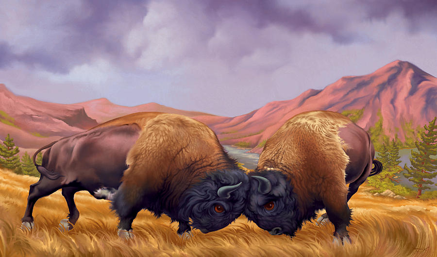 Buffalo Painting - Head Butt by Hans Neuhart