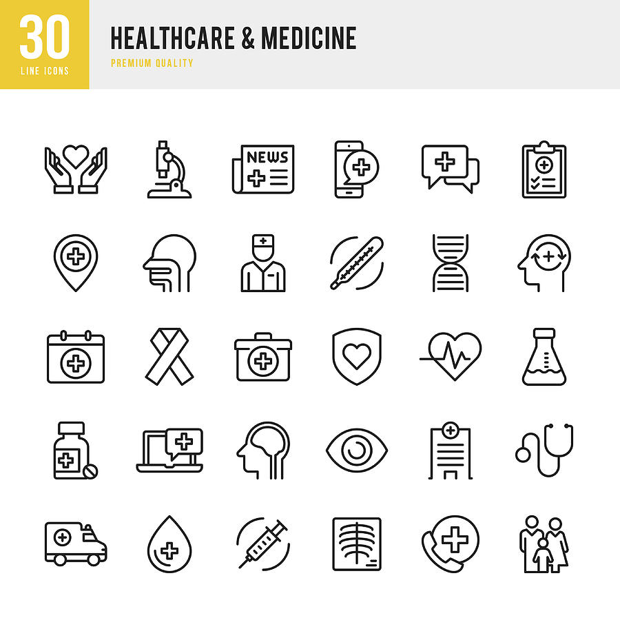 Healthcare & Medicine - Thin Line Icon Set Drawing by Fonikum