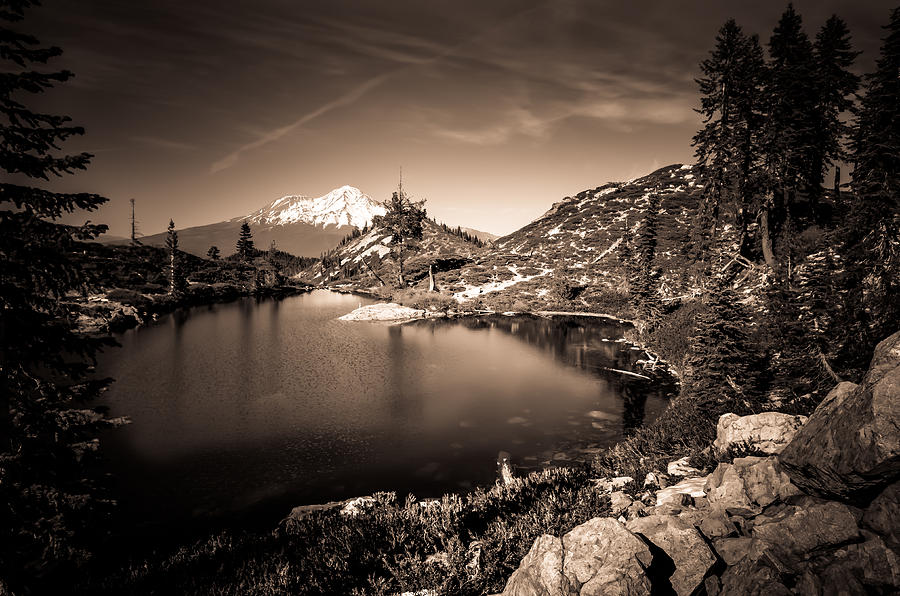 Black And White Photograph - Heart Lake and Mt Shasta by Scott McGuire