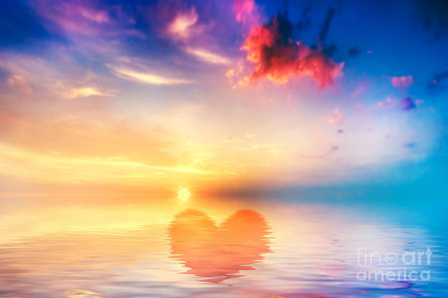 Heart shape in calm ocean at sunset Photograph by Michal Bednarek