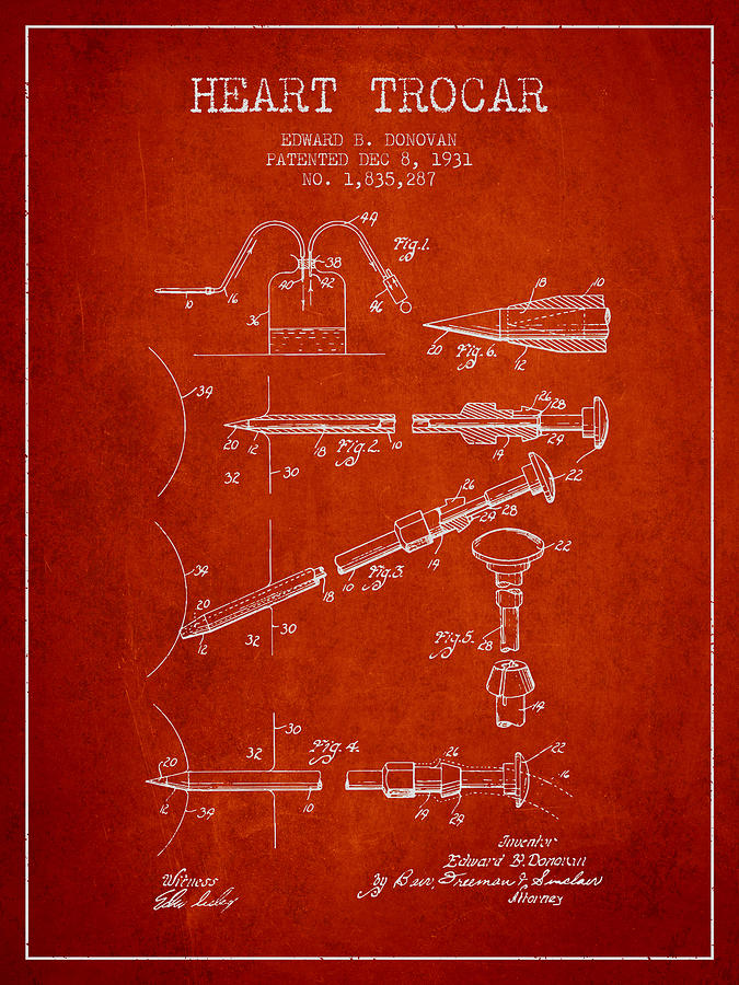 Vintage Digital Art - Heart Trocar patent from 1931 - Red by Aged Pixel