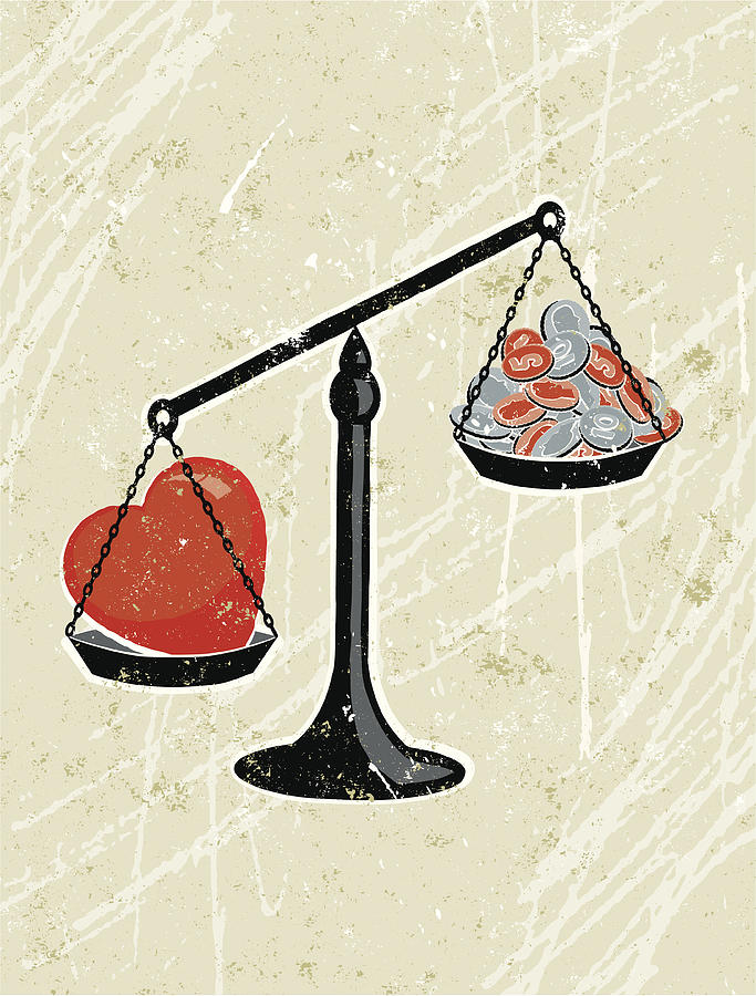 Heart Weighed on Scales against Money Drawing by Mhj