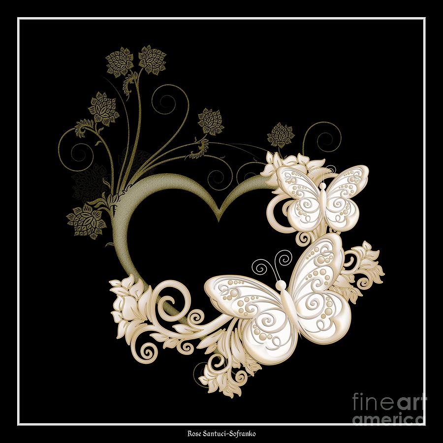 Heart with Butterflies and Flowers on Black Digital Art by Rose 