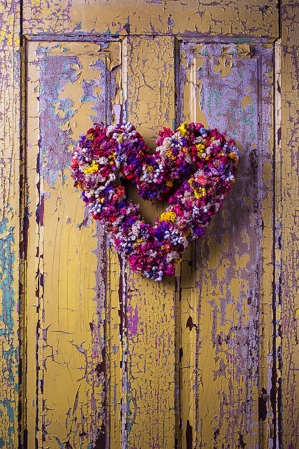 Still Life Photograph - Heart Wreath On Yellow Door by Garry Gay