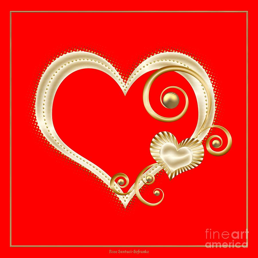 Hearts in Gold and Ivory on Red Digital Art by Rose Santuci-Sofranko