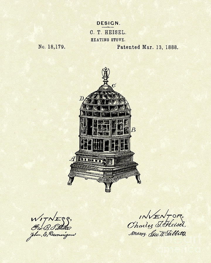 Heisel Drawing - Heating Stove 1888 Patent Art by Prior Art Design