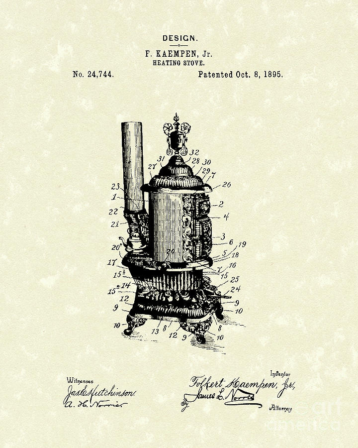 Heating Stove 1895 Patent Art Drawing by Prior Art Design
