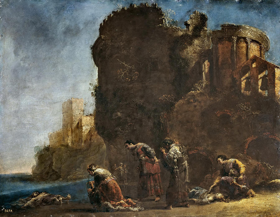 Landscape Painting - Hecuba mourning by Leonaert Bramer