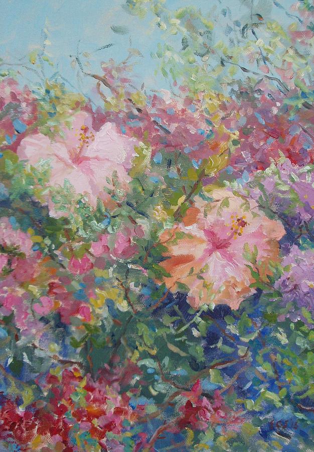 Hedge of Bougainvillea and Hibiscus Painting by Elinor Fletcher