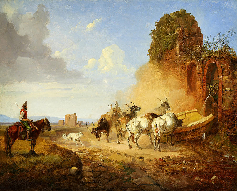 Heinrich Burkel Cattle Watering at a Fountain on the Via Appia A tiqua Painting by MotionAge Designs