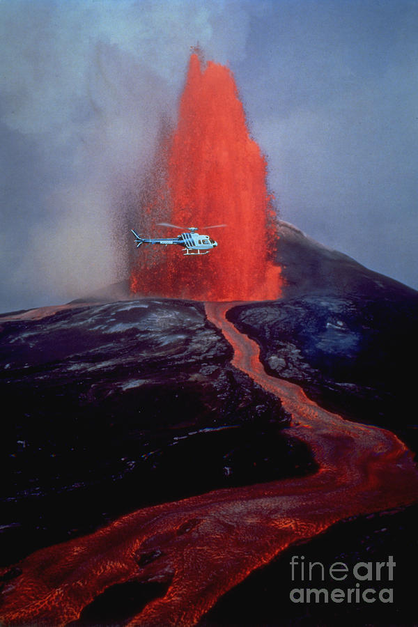 Helicopter And Lava Fountain At Kilauea Photograph by Douglas Peebles
