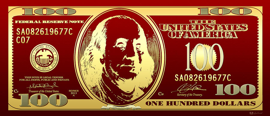 Hello Benjamin - Golden One Hundred Dollar US Bill on Red Digital Art by Serge Averbukh