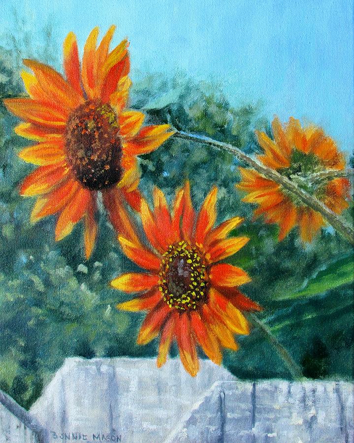 Hello Neighbor-Sunflowers over the Fence Painting by Bonnie Mason