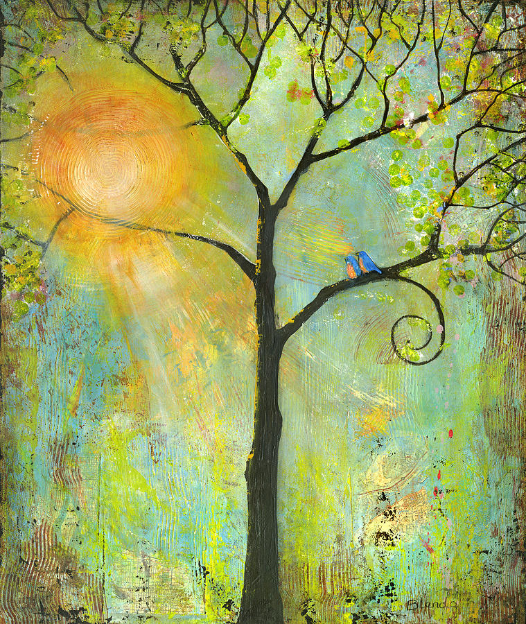 Hello Sunshine Tree Birds Sun Painting by Blenda Studio