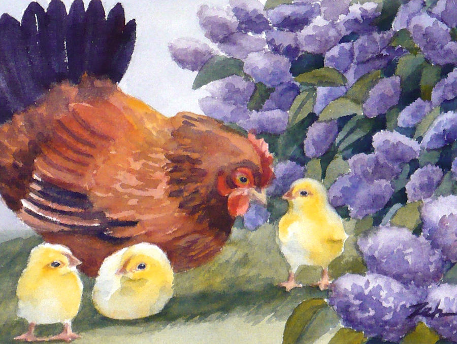 Hen and Chicks among the Lilacs Painting by Janet Zeh