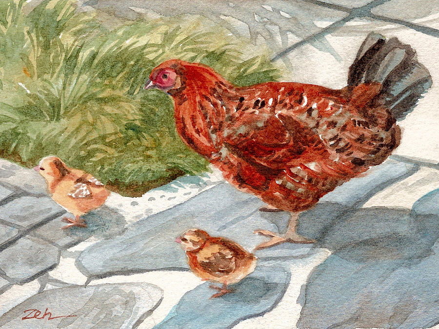 Hen and Chicks Painting by Janet Zeh