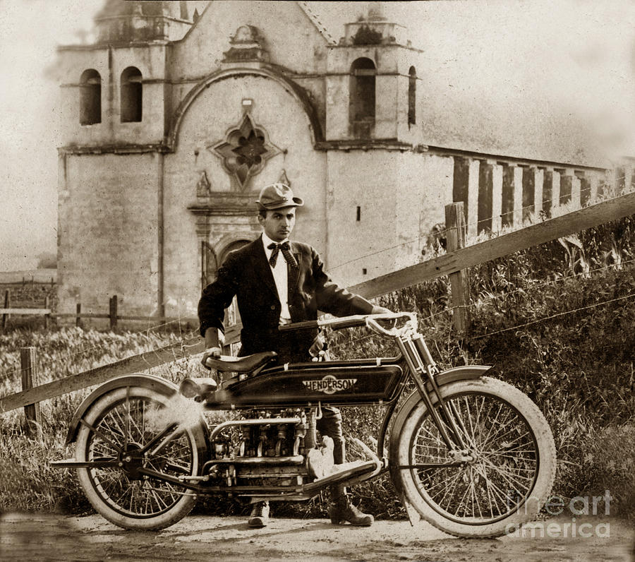 Henderson Photograph - Henderson Motorcycle at Carmel Mission circa 1915 by Monterey County Historical Society
