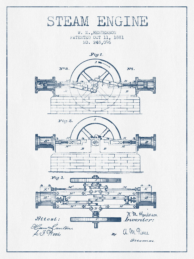 Vintage Digital Art - Henderson Steam Engine Patent Drawing From 1881- Blue Ink by Aged Pixel