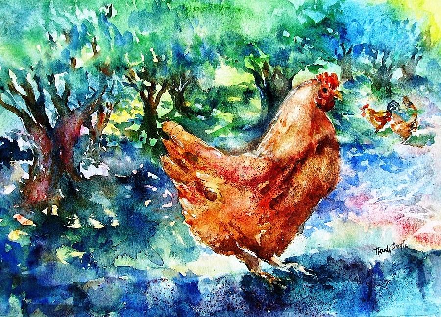 Hens in the Olive Grove Painting by Trudi Doyle