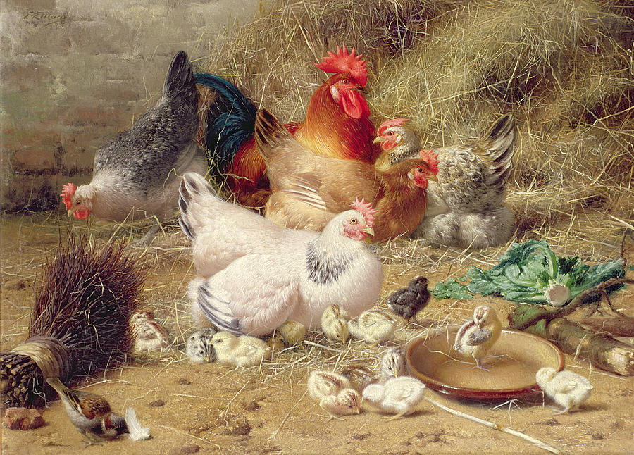 Farm Painting - Hens Roosting With Their Chickens by Eugene Remy Maes