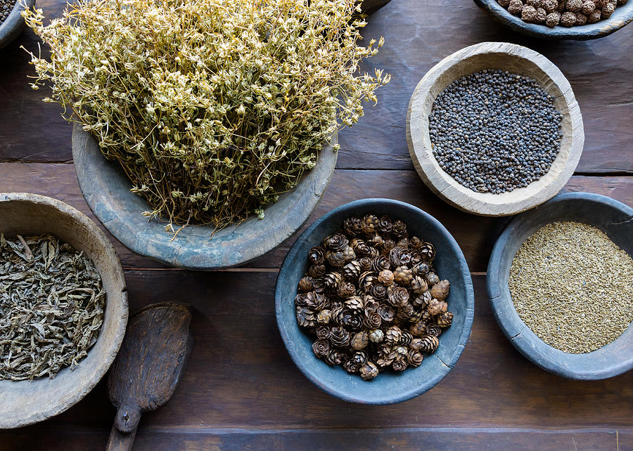 Herbs and spices in bowls Photograph by Dutourdumonde Photography