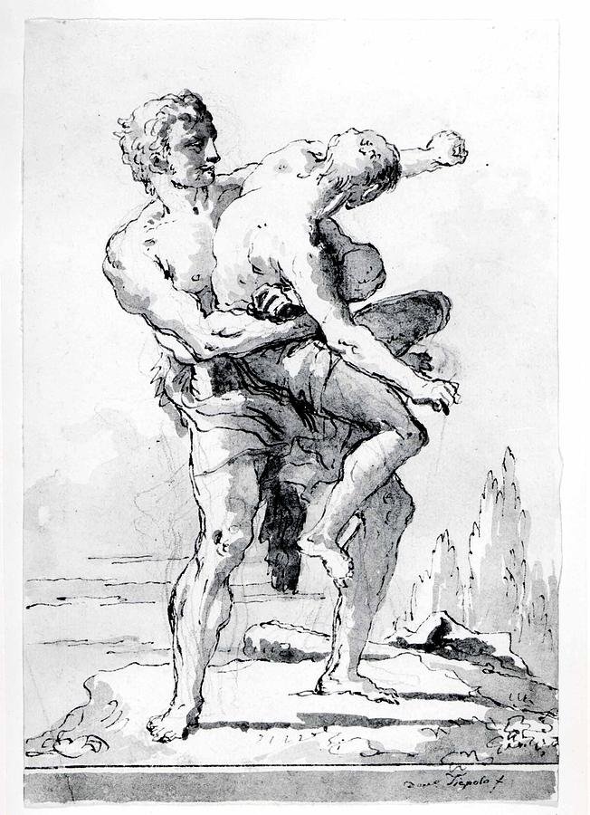 Tiepolo Drawing - Hercules And Antaeus With A Ledge by Giovanni Domenico Ti...