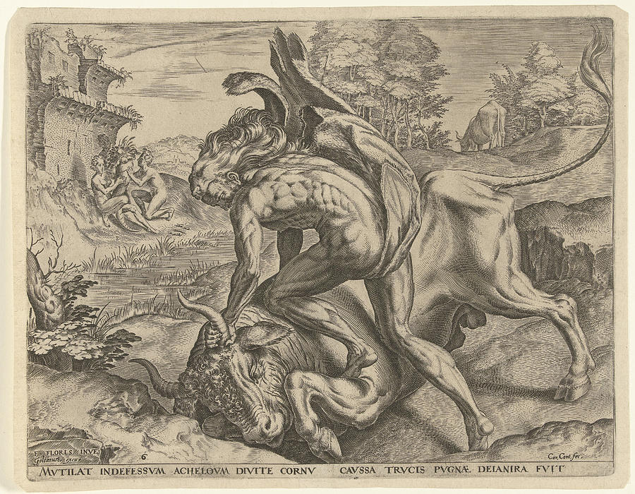 Hercules Wrestles With Achelos, Cornelis Cort Drawing by Cornelis Cort ...