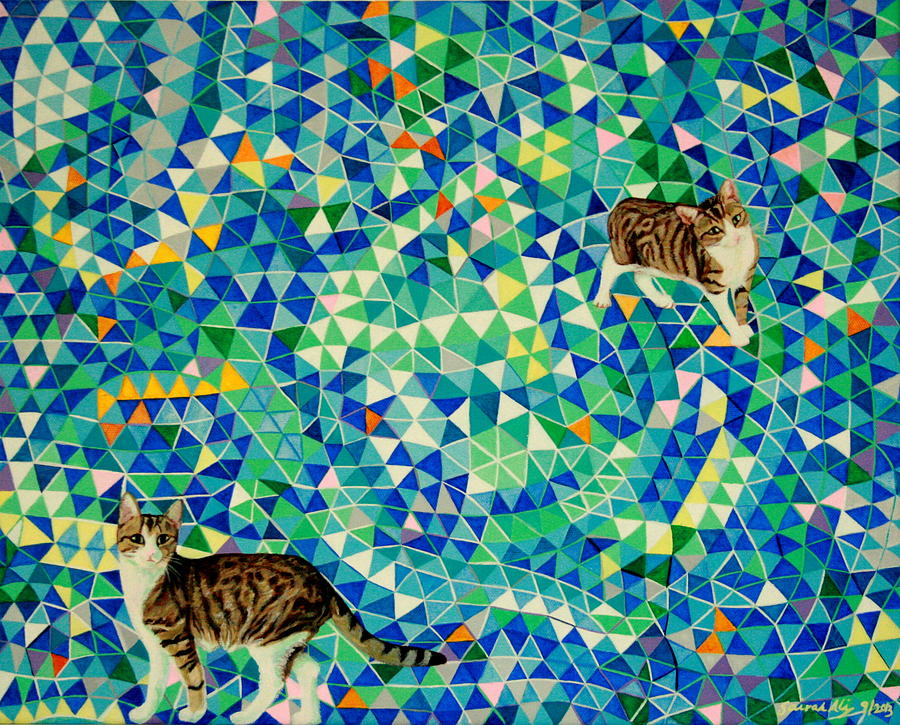 Cat Painting - Here and there in a crystal maze  by Sairah Ali