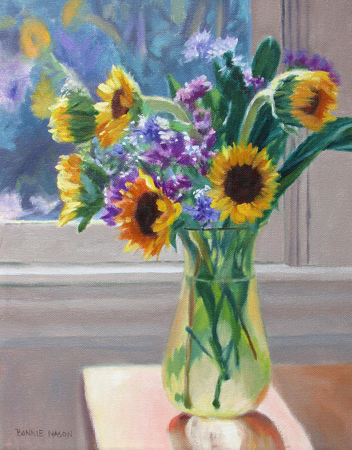 Sunflower Painting - Here Comes the Sun- Sunflowers by the Window by Bonnie Mason