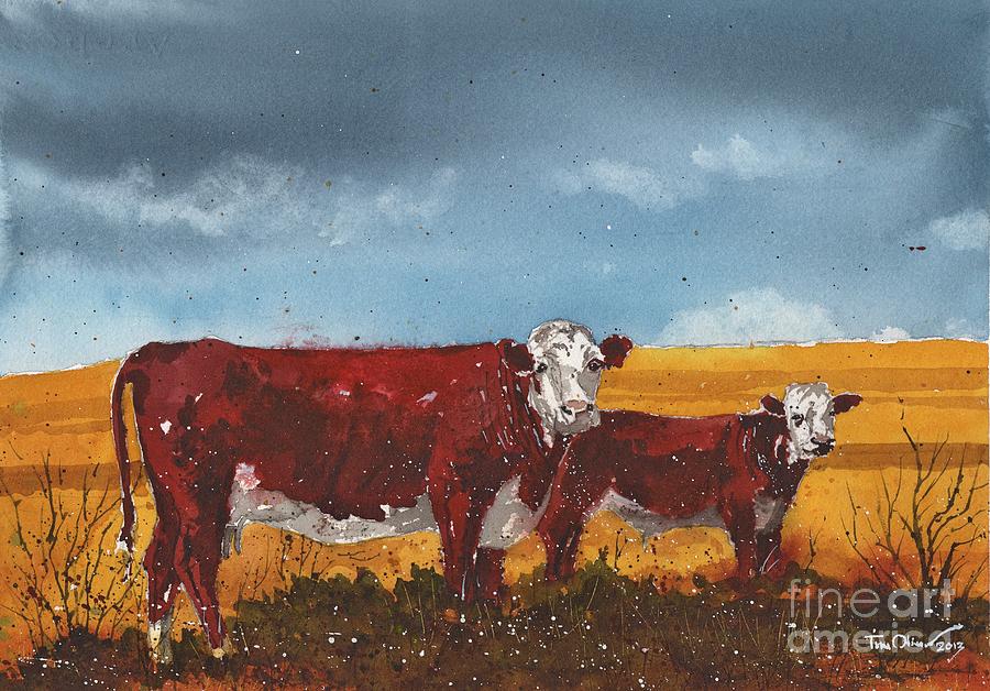 Hereford Calf Painting - Hereford Cow and Calf by Tim Oliver