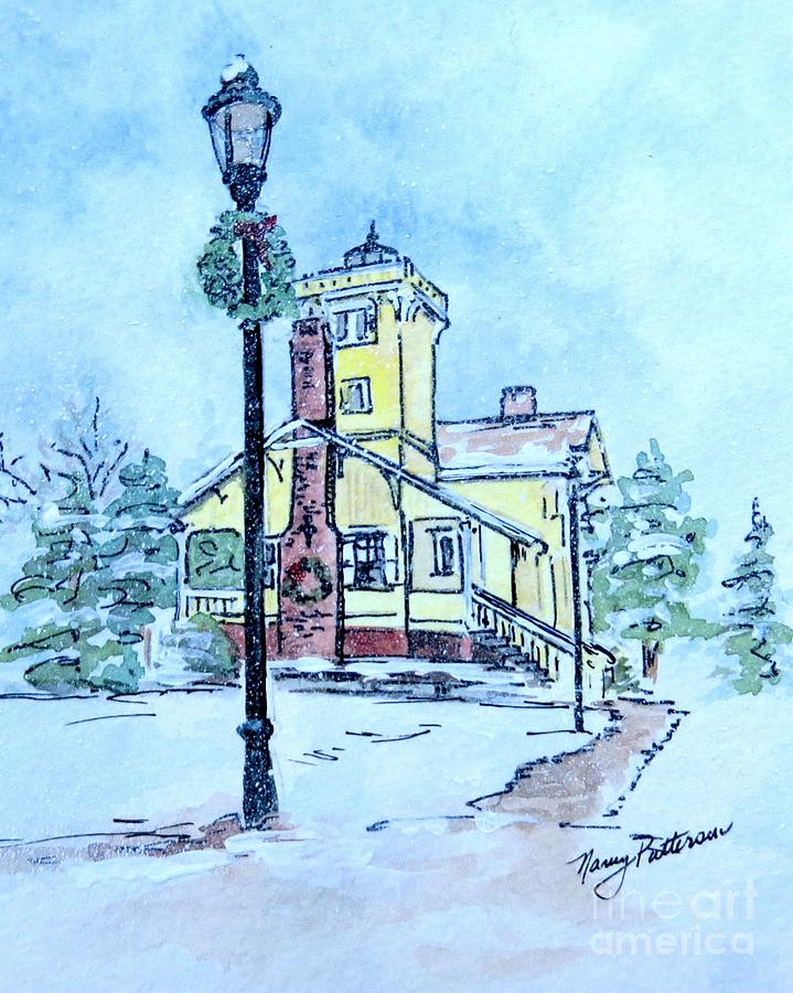 Hereford Inlet Light in the Snow  Painting by Nancy Patterson