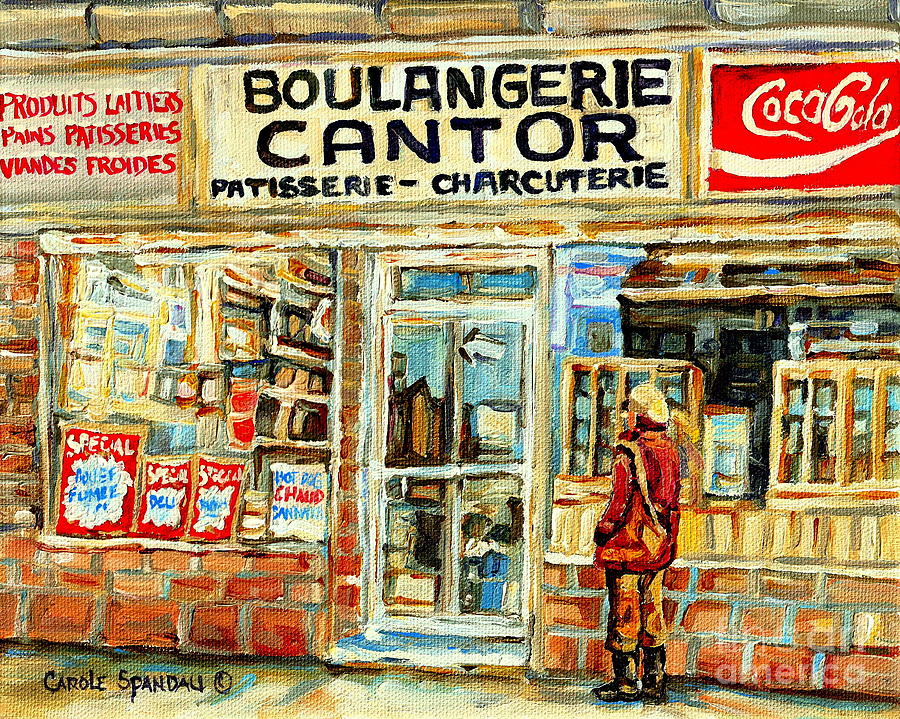 Heritage Montreal Paintings Cantors Bakery Coffee Shop And Deli Coca Cola Signs Winter City Scene Ca Painting by Carole Spandau
