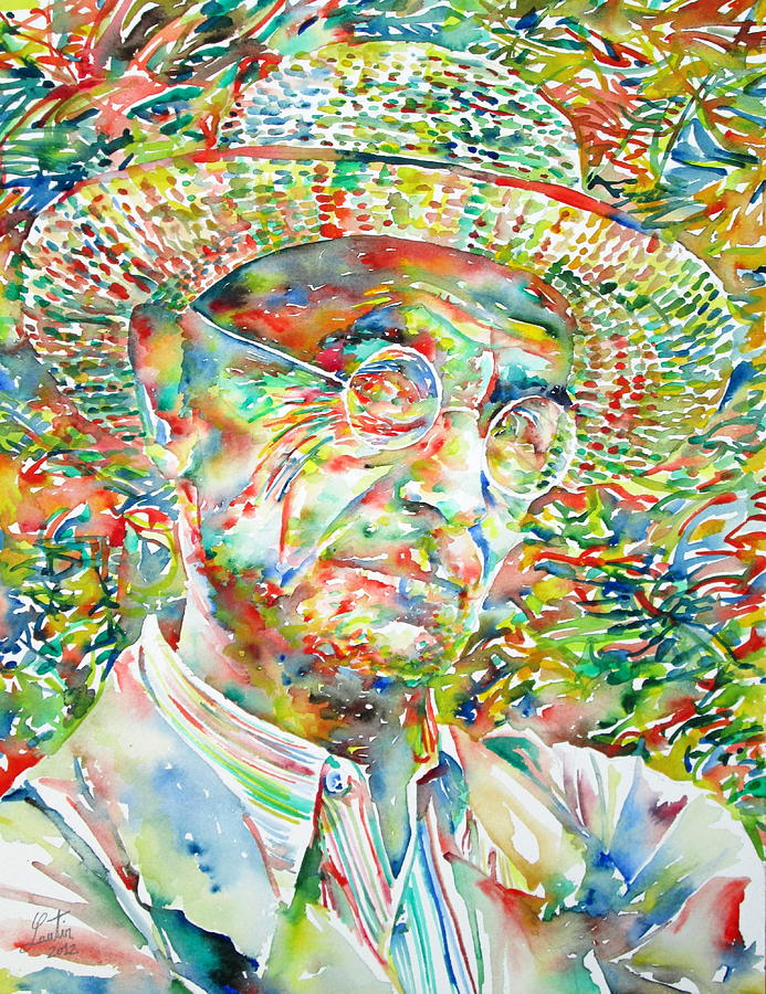 HERMANN HESSE with HAT WATERCOLOR PORTRAIT Painting by Fabrizio Cassetta