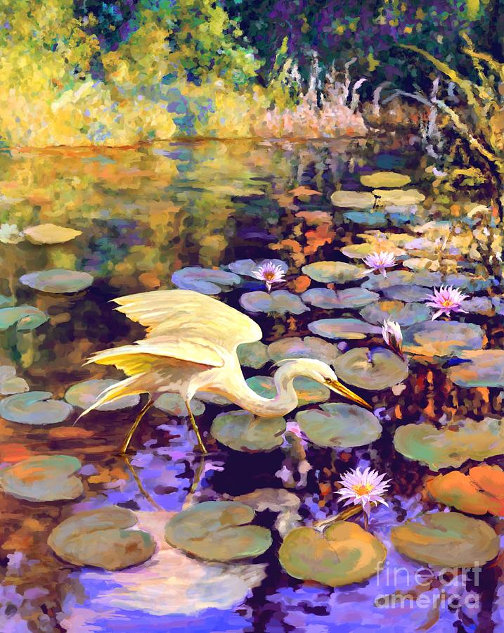 Heron in Lily Pond Painting by David Van Hulst