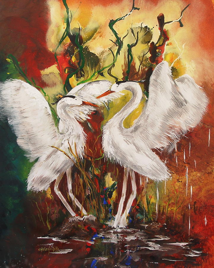 Heron Meeting Painting by Miroslaw  Chelchowski