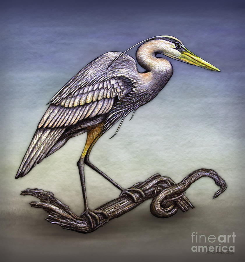 Heron on Driftwood Painting by Walt Foegelle