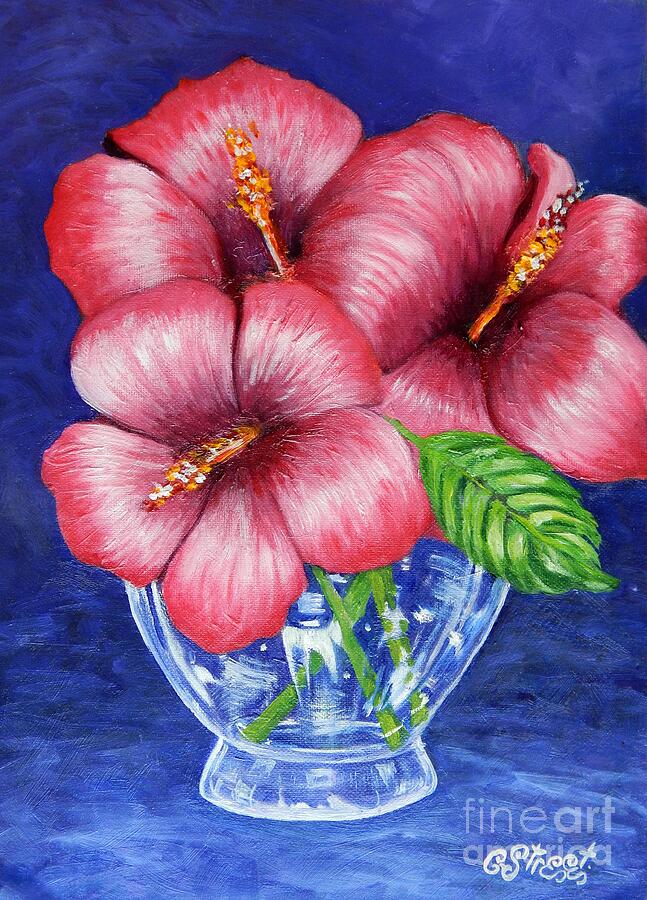 Flower Painting - Hibiscus in Glass Vase by Caroline Street