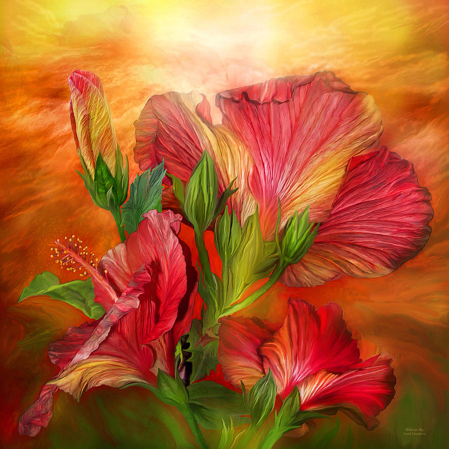 Hibiscus Sky - Red and Gold Tones Mixed Media by Carol Cavalaris