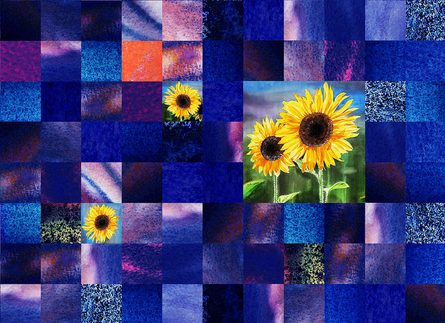 Abstract Painting - Hidden Sunflowers Squared Abstract Design by Irina Sztukowski