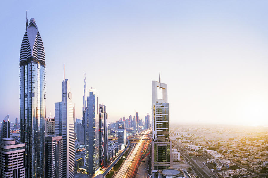 High angle cityscape of Dubai skyline - digital composite Photograph by Shomos Uddin