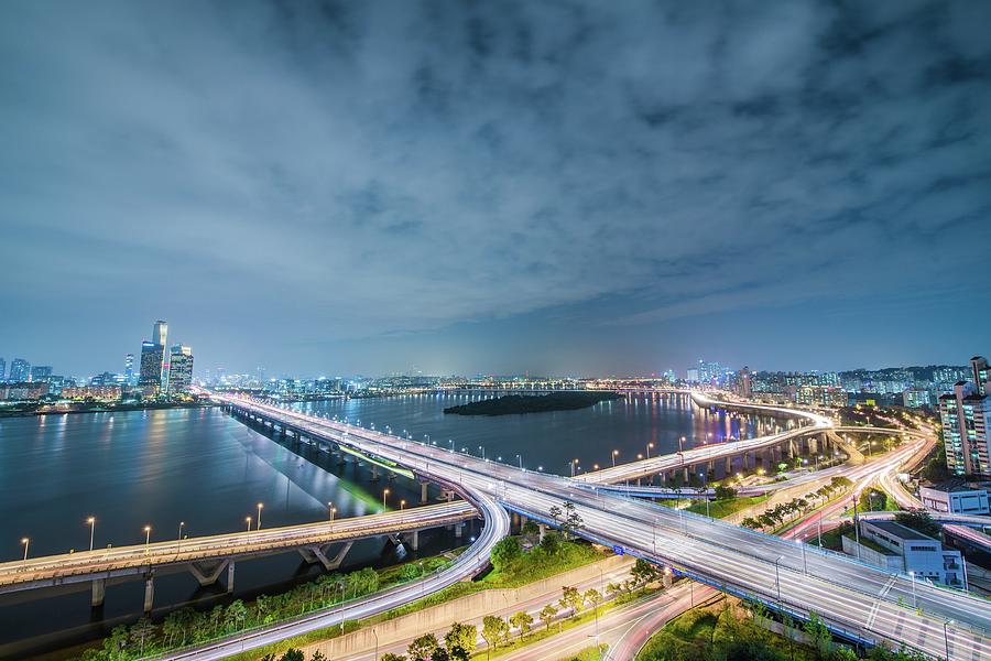 High Angle View Of City Lit Up At Night Photograph by Gangil Gwon ...