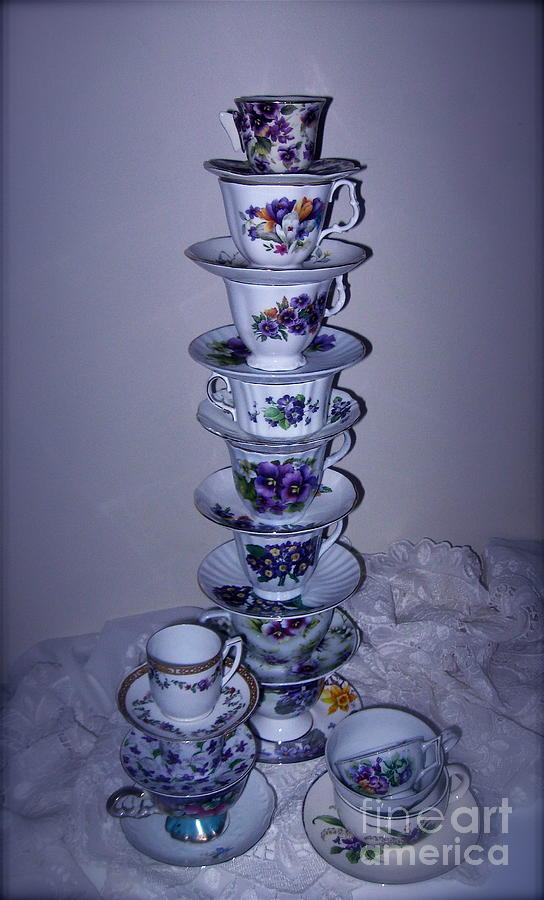 High Stack of Purple Tea Cups  Photograph by Nancy Patterson