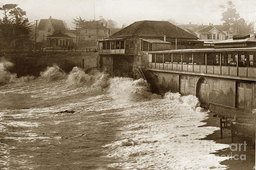 Beach Photograph - High tide and big waves at Lovers Point Beach Pacific Grove California circa 1907 by Monterey County Historical Society