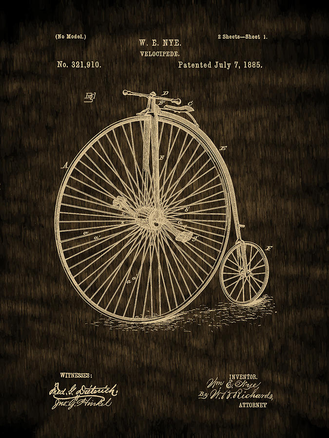 High Wheel Bicycle - 1885 Velocipede Vintage Patent Digital Art by Barry Jones