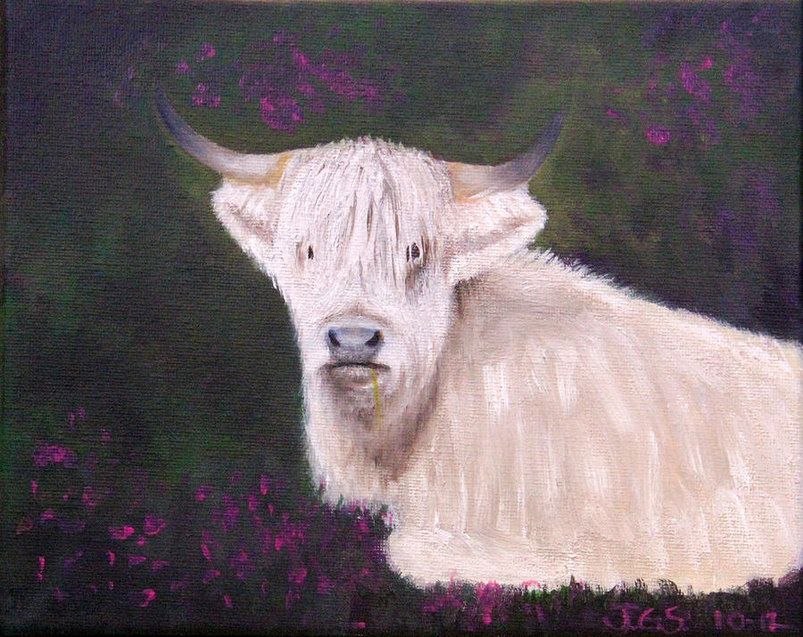 Highland Cow in the Heather Painting by Janet Greer Sammons