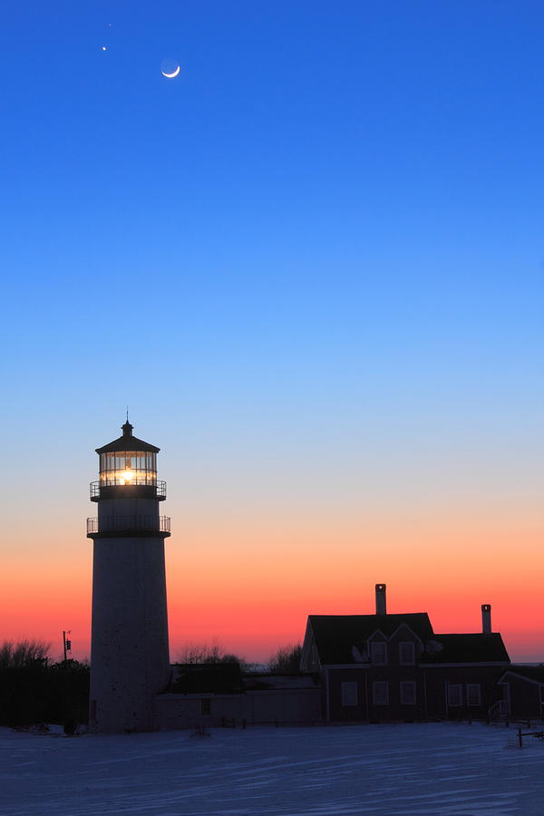 Highland Lighthouse and Moon Venus Mars Conjunction Photograph by John Burk