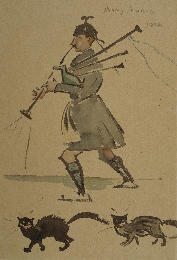 Cat Drawing - Highlander Playing Bagpipes, 1900 by Joseph Crawhall